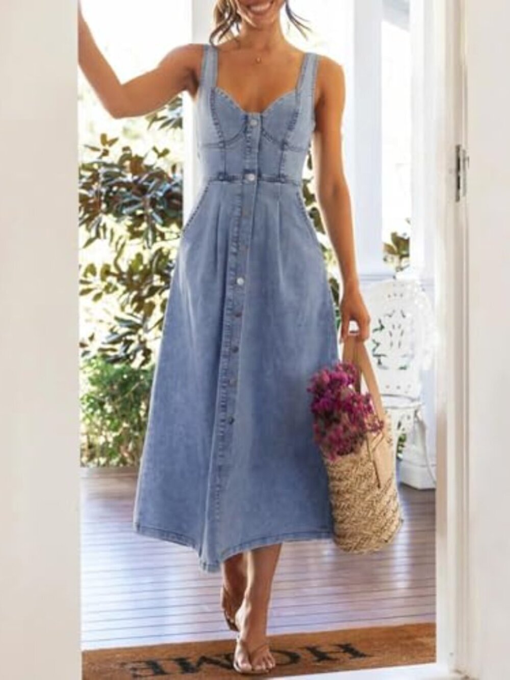 🆕 Denim Dress for Women Sleeveless Button Down Slim Fit Midi Jean Dresses for